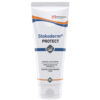 Hautschutzcreme in einer runden Tube mit blau-orangefarbenem Design und Produktname.