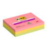 Drei Stapel bunter Haftnotizen in Pink, Gelb und Grün, verpackt in einem Block.