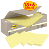Gelbe Recycling-Haftnotizen in einer offenen Kartonverpackung mit 18 plus 6 gratis Notizen.