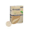 Toilettenpapierrolle in umweltfreundlicher Verpackung mit Blattdesign.