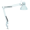 Flexible, einstellbare Tischleuchte mit weißem Lampenschirm und Klemmbasis.