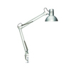 Silberne Tischleuchte mit flexiblem Arm und Klammer zur Befestigung.