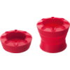 Roter Pinselbecher aus Silikon mit zwei Größen und gewelltem Rand.