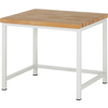 Holztisch mit quadratischer Arbeitsplatte aus Buchenholz und einem weißen Stahlgestell.