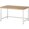 Holzwerkbank mit weißem Stahlgestell und Buchenplatte, frontalansicht, ohne Zubehör.