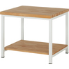 Werkbank mit Buchenplatte, weißem Stahlgestell und Ablageboden, frontale Ansicht.