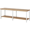 Holzwerkbank mit Buchenplatte und Stahlgestell, inklusive unterer Ablagefläche.