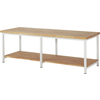 Holzwerkbank mit zwei Ablageflächen und Metallgestell in neutralem Design.