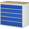 Schubladenschrank mit blauen Fronten und Holzplatte, fünf Schubladen.