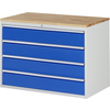Schubladenschrank mit blauen Fronten und einer Holzoberfläche, ausgestattet mit vier Schubladen.
