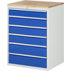 Schubladenschrank mit sechs blauen Schubladen und einer Holzoberfläche, seitliche Ansicht.
