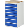 Schubladenschrank mit sieben blauen Schubladen und einem Holzoberteil in einer Seitenansicht.