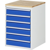 Schubladenschrank mit hellen Buchenoberfläche und sechs blauen Schubladen in Seitenansicht.