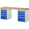 Werkbank mit Buchenplatte und zwei Unterbau-Containern mit je fünf blauen Schubladen.
