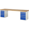 Holzwerkbank mit zwei blauen Unterbau-Containern und zehn Schubladen, Sicht von vorn.