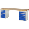 Werkbank mit Holzplatte und zwei Seitencontainern mit je fünf blauen Schubladen.