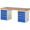 Werkbank mit Holzplatte und zwei Unterbau-Containern mit blauen Schubladen.