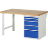 Werkbank mit 5 blauen Schubladen und einer Holzarbeitsplatte im klassischen Design.
