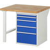 Buchen-Werkbank mit fünf blauen Schubladen und Stahlgestell, seitliche Ansicht.