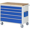 Blauer Werkstattwagen mit fünf Schubladen und Holzarbeitsplatte, rechts mit Dokumententasche.