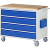 Werkstattwagen mit 4 blauen Schubladen, Buchenplatte und seitlicher Dokumententasche.