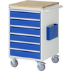 Werkstattwagen mit sechs blauen Schubladen, Holzarbeitsplatte und seitlicher Dokumententasche.