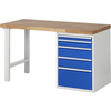 Werkbank mit Holzarbeitsplatte und blauem Unterbau mit fünf Schubladen.