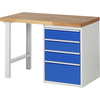Werkbank mit Buchenplatte, vier blauen Schubladen und Stahlgestell, seitliche Ansicht.