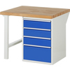 RAU Werkbank mit Holzplatte und vier blauen Schubladen, seitliche Ansicht.