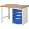 Holzwerkbank mit blauen Schubladen und einer massiven Arbeitsplatte aus Buchenholz.