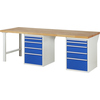 Werkbank mit Holzplatte und zwei Unterbau-Containern mit je fünf blauen Schubladen.