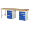 Werkbank mit Holzplatte und zwei Unterbau-Containern mit je vier blauen Schubladen.