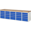 Blaue Werkbank mit zehn Schubladen und Holzoberfläche, frontal abgebildet.
