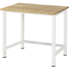 Arbeitstisch mit Holzplatte und weißem Stahlgestell, abgebildet in frontalem Stand.