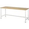 Arbeitstisch mit hellen Holzplatten und einem stabilen weißen Stahlgestell.