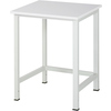 Weißer Arbeitstisch mit quadratischer Arbeitsplatte und vier Stahlrohrgestellfüßen.