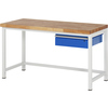 Werkbank mit Buchen-Arbeitsplatte, weißem Stahlgestell und blauer Schublade.