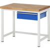 Holzwerkbank mit blauer Schublade und weißem Metallgestell, rechte Seitenansicht.