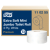 Toilettenpapier Mini Jumbo Rolle in Premium-Qualität mit Lorbeerblatt-Prägung und Verpackung.