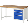 Werkbank mit Buchenplatte, weißem Gestell und drei blauen Schubladen.