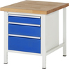 Werkbank mit Buchenplatte und drei blauen Schubladen auf einem weißen Stahlgestell.