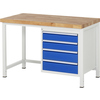 Werkbank mit Holzplatte und vier blauen Schubladen auf einem stabilen Stahlgestell.