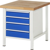Werkbank mit Buchenholzplatte und vier blauen Schubladen, auf einem stabilen weißen Gestell.
