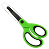 Grüne, asymmetrische Bastelschere mit transparenter Klingenhülle und Softgrip-Griff.
