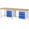 Werkbank mit Holzplatte und zwei Unterbau-Containern mit insgesamt sechs blauen Schubladen.
