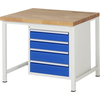 Werktisch mit Buche-Arbeitsplatte und vier blauen Schubladen in einem weißen Stahlgestell.