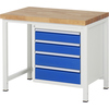 Werkbank mit massiver Holzplatte und vier blauen Schubladen, Seitenansicht.