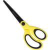 Gelbe Bastelschere mit asymmetrischem Design und schwarzen Klingen.