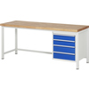 Werkbank mit Buchenplatte und vier blauen Schubladen, seitliche Ansicht.