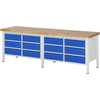 Blaue Werkbank mit Holzplatte und mehreren Schubladen in zwei Reihen.